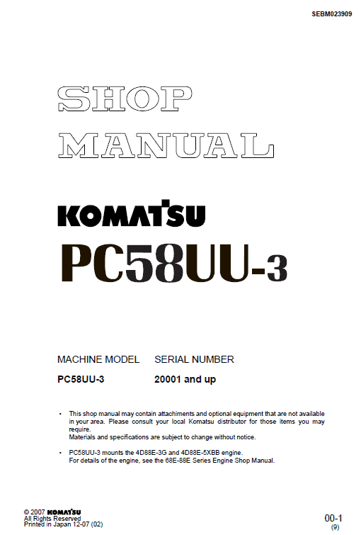 Komatsu PC58UU-3 Excavator Service Manual Workshop Guide