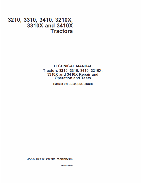 John Deere 3210, 3310, 3410 Tractor Technical Manual (TM4663) Workshop Guide