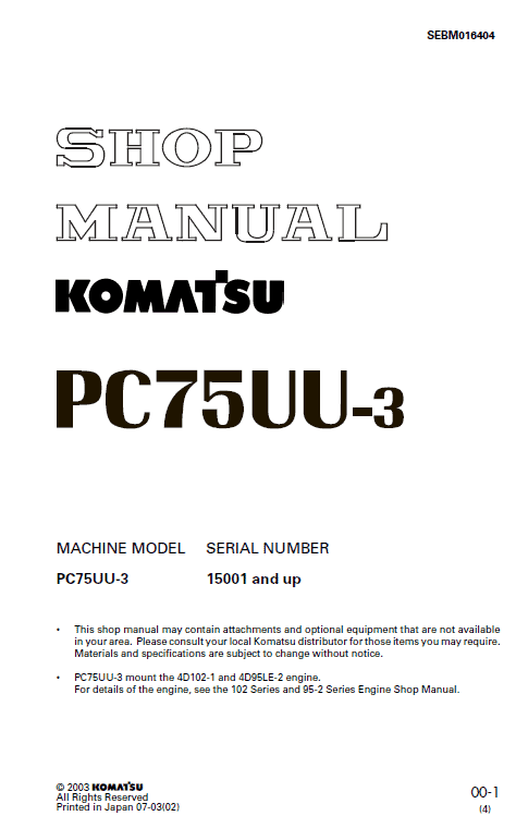 Komatsu PC75UU-3 Excavator Service Manual Workshop Guide