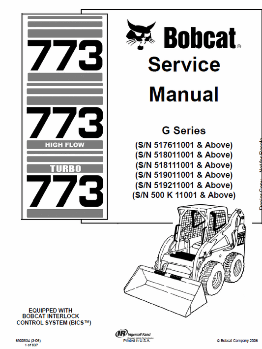 Bobcat 773 G-series Skid-Steer Loader Service Manual Workshop Guide