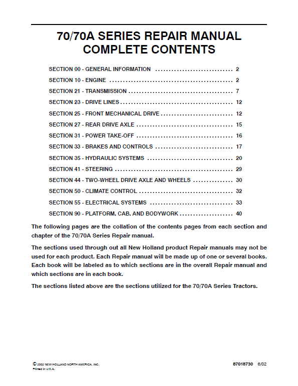 New Holland 70, 70A Tractor Service Manual Workshop Guide