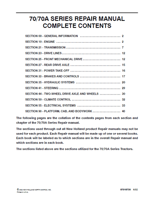 New Holland 70, 70A Tractor Service Manual Workshop Guide