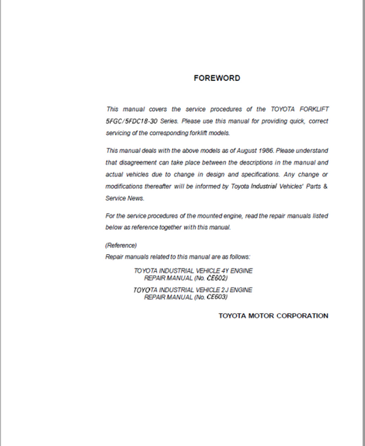 Toyota 5FGC18, 5FGC23, 5FGC25, 5FDC25, 5FGC28, 5FGC30, 5FDC30 Forklift Repair Manual