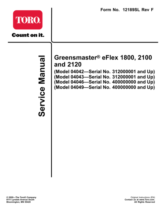 Toro Greensmaster eFlex 1800, 2100, 2120 (Model 04042, 04043, 04046) Service Repair Manual Workshop Guide
