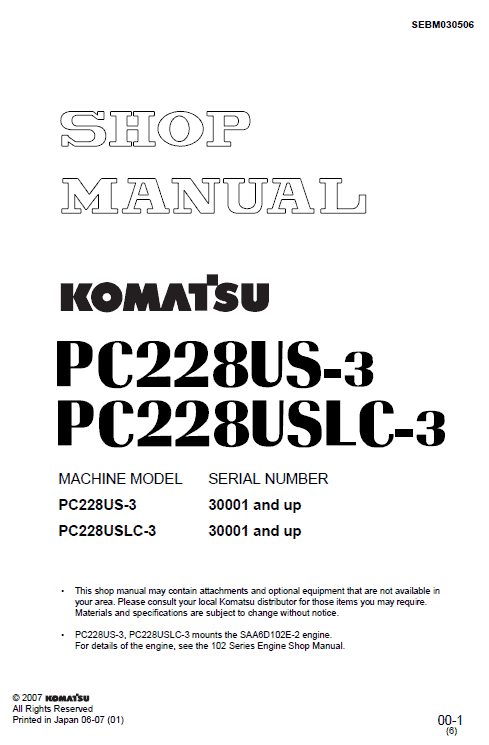 Komatsu PC228US-3 and PC228USLC-3 Excavator Service Manual Workshop Guide
