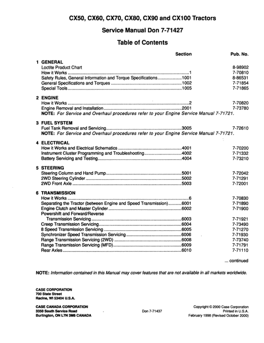 Case C50X, C60X, C70X, C80X, C90X, C100X Tractors Service manual Workshop Guide