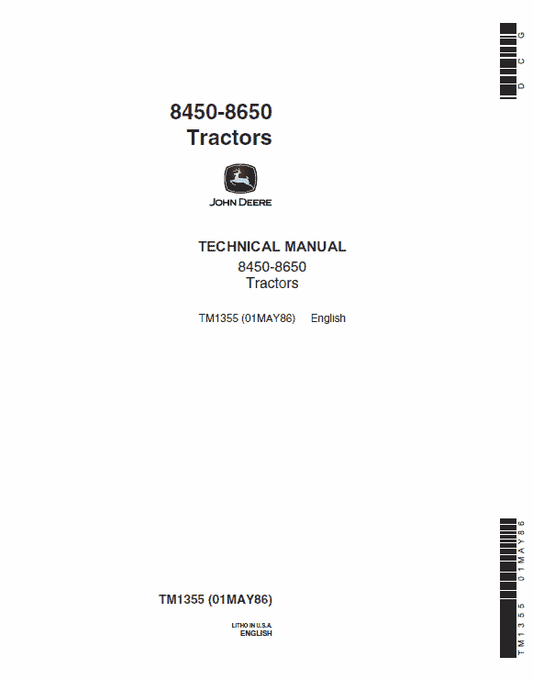 John Deere 8450, 8650 Tractor Repair Technical Manual Workshop Guide