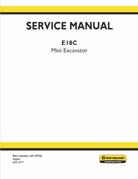 New Holland E18C Mini Excavator Service Manual Workshop Guide