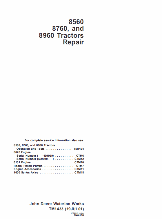 John Deere 8560, 8760, 8960 Tractor Technical Manual (TM1433) Workshop Guide
