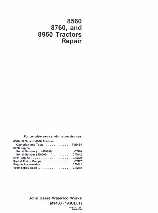 John Deere 8560, 8760, 8960 Tractor Technical Manual (TM1433) Workshop Guide
