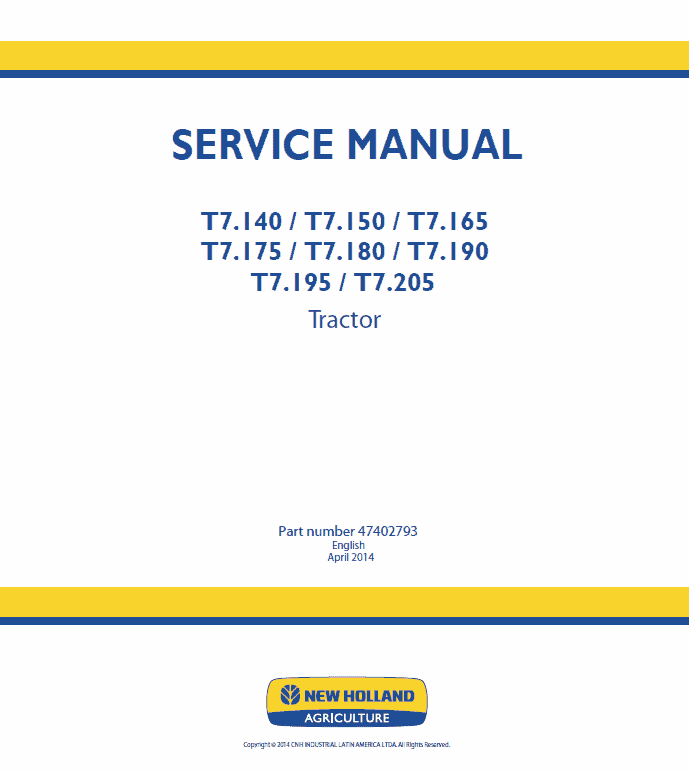 New Holland T7.140, T7.150, T7.165, T7.180 Tractor Service Manual Workshop Guide