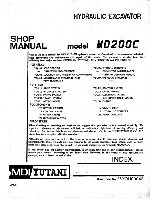 Kobelco MD200C Excavator Service Manual Workshop Guide