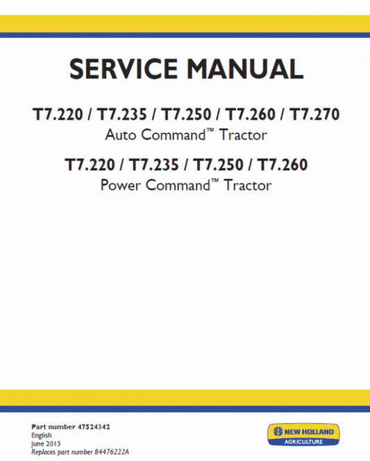 New Holland T7.220, T7.235, T7.250 Tractor Service Manual Workshop Guide