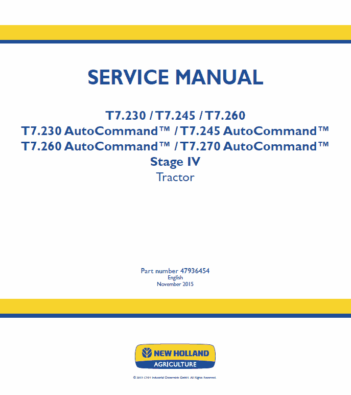 New Holland T7.230, T7.240, T7.245, T7.260, T7.270 Tractor Service Manual Workshop Guide