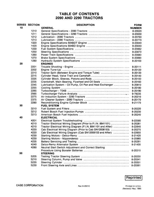 Case 2090, 2290 Tractor Service Manual Workshop Guide