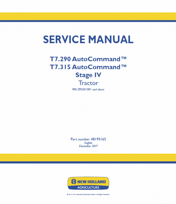 New Holland T7.290, T7.315 Tractor Service Manual Workshop Guide