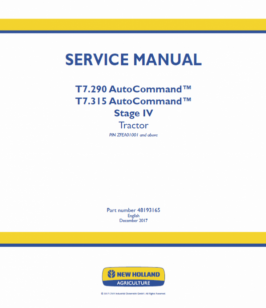 New Holland T7.290, T7.315 Tractor Service Manual Workshop Guide