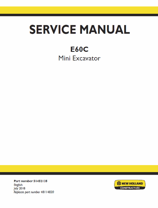 New Holland E60C Mini Excavator Service Manual Workshop Guide