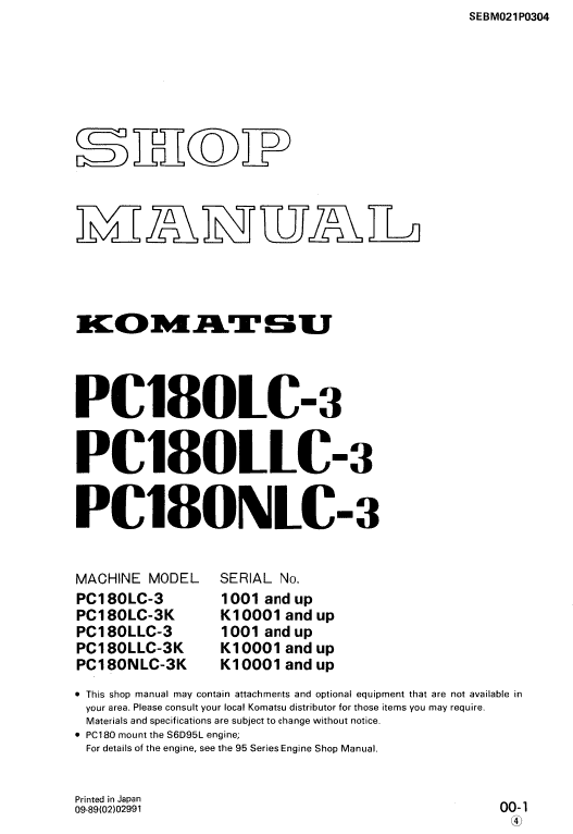 Komatsu PC180LC-3, PC180LLC-3, PC180NLC-3 Excavator Manual Workshop Guide