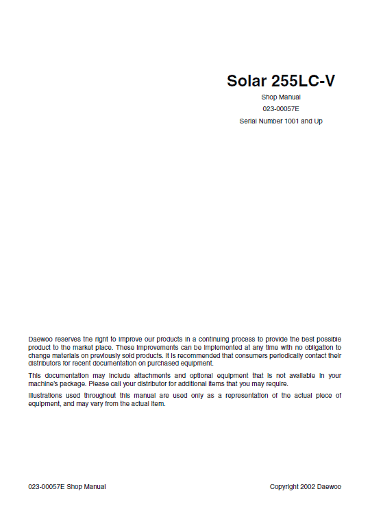 Daewoo Solar S255LC-V Excavator Service Manual Workshop Guide