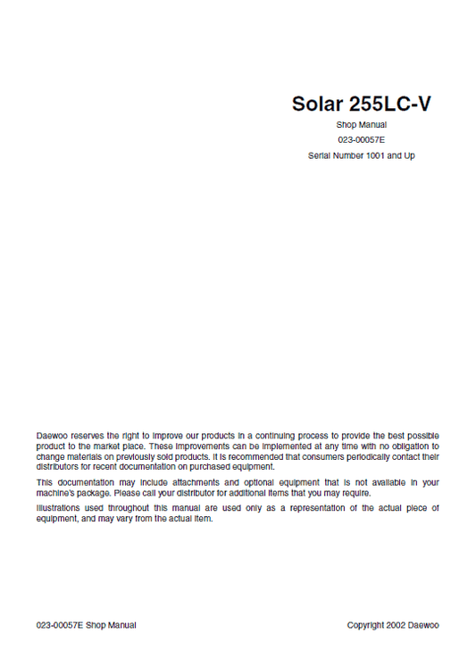 Daewoo Solar S255LC-V Excavator Service Manual Workshop Guide