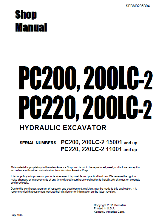 Komatsu PC200-2, PC200LC-2, PC220-2, PC220LC-2 Excavator Manual Workshop Guide