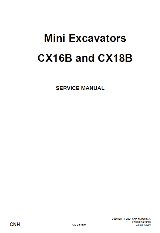Case CX16B and CX18B Mini Excavator Service Manual Workshop Guide