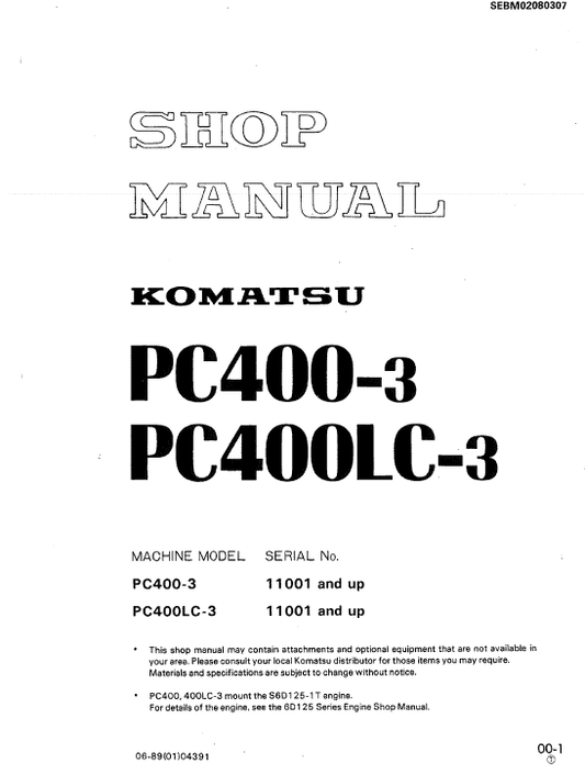 Komatsu PC400-3, PC400LC-3 Excavator Service Manual Workshop Guide