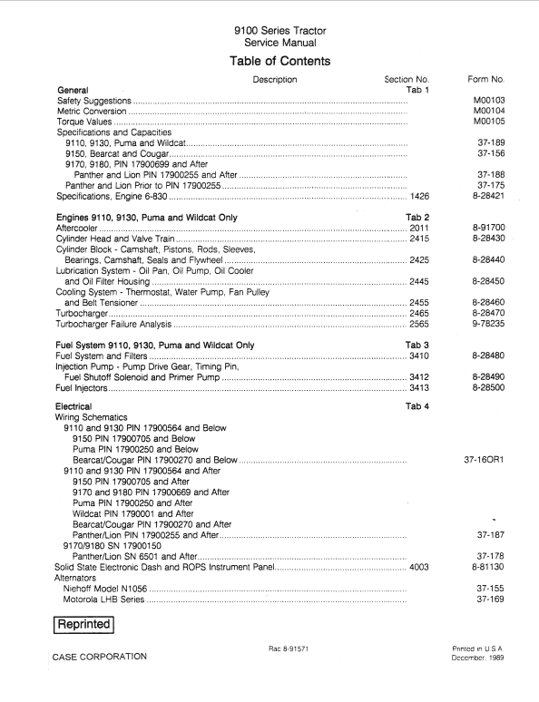 Case 9110, 9130, 9150, 9170, 9180 Tractor Service Manual Workshop Guide