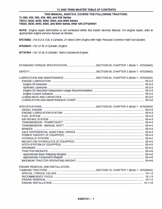 New Holland TJ280, TJ330, TJ430, TJ480, TJ530 Tractor Service Manual Workshop Guide