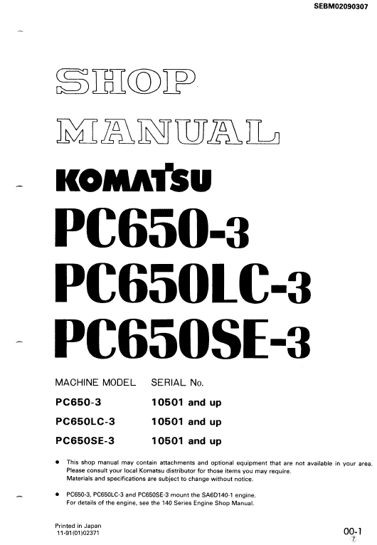 Komatsu PC650-3, PC650LC-3, PC650SE-3 Excavator Service Manual Workshop Guide