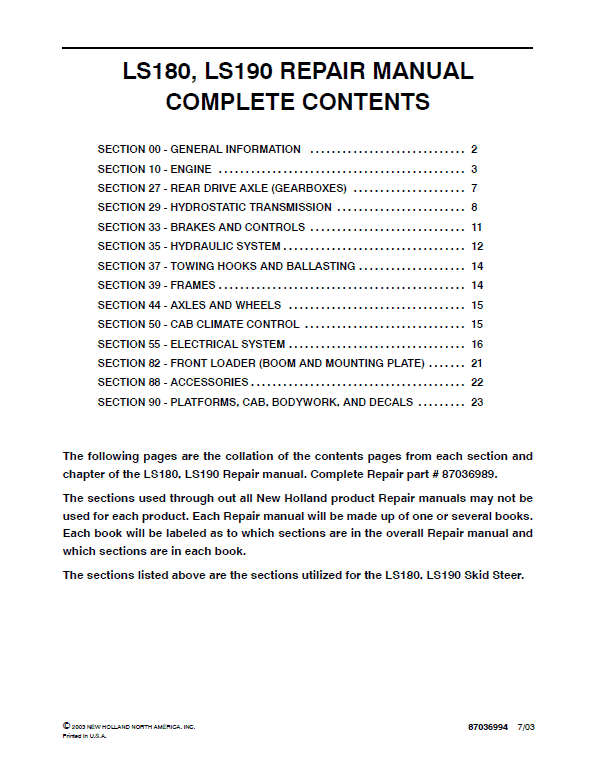 New Holland LS180, LS190 SkidSteer Loader Service Manual Workshop Guide
