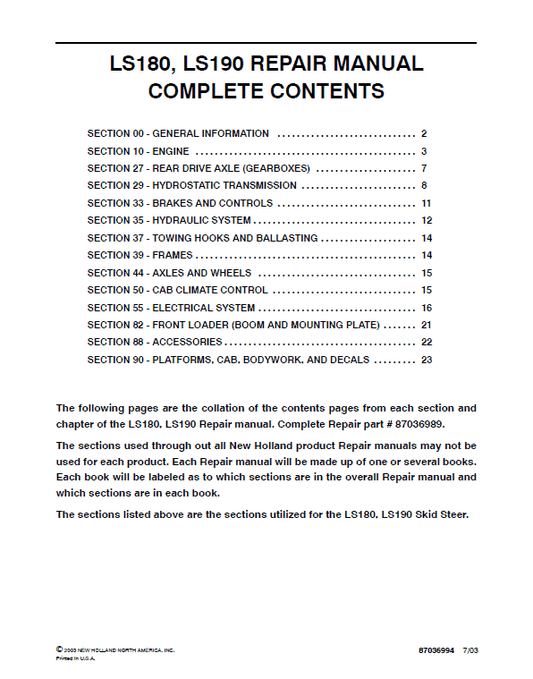 New Holland LS180, LS190 SkidSteer Loader Service Manual Workshop Guide