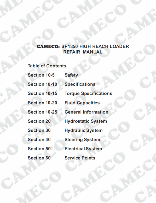 Cameco SP1850 Loader Repair Service Manual Workshop Guide
