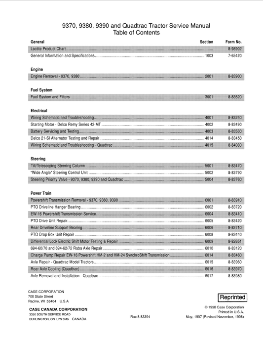 Case 9370, 9380, 9390 Quadtrac Tractor Service Manual Workshop Guide