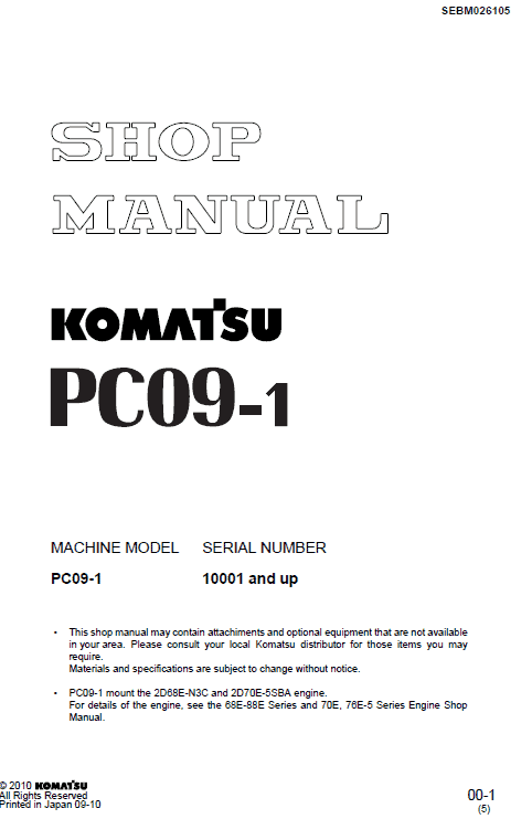 Komatsu PC09-1 Excavator Service Manual Workshop Guide