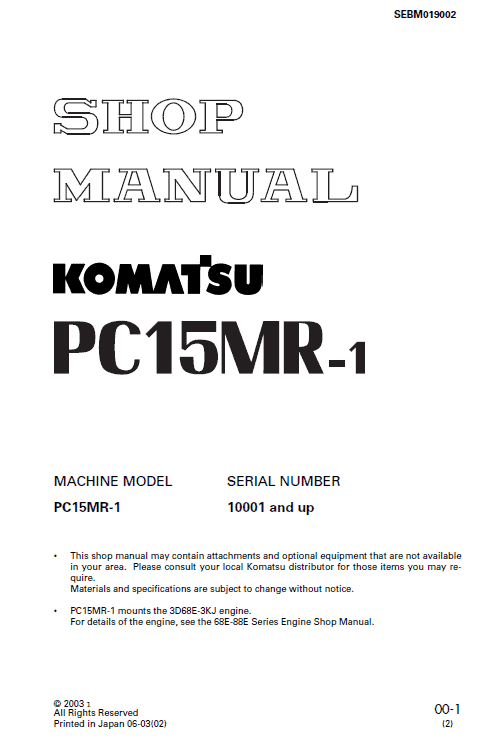 Komatsu PC15MR-1 Excavator Service Manual Workshop Guide