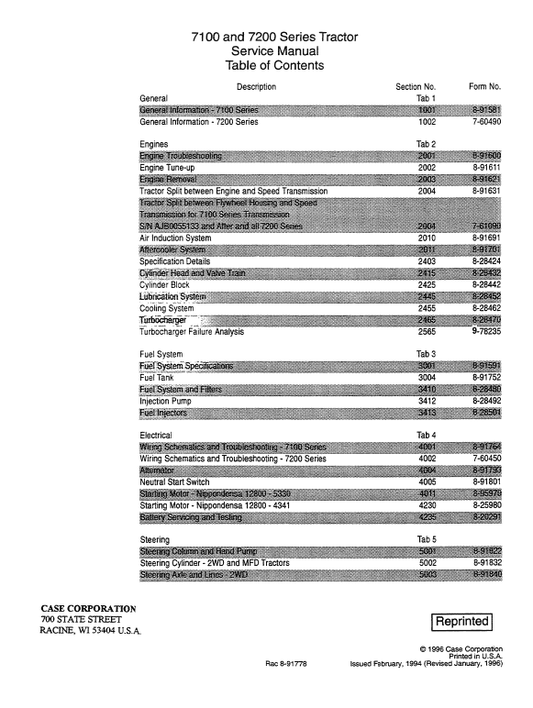 Case 7210, 7220, 7230, 7240, 7250 Tractor Service Manual Workshop Guide
