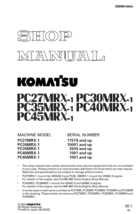 Komatsu PC27MRX-1, PC30MRX-1, PC35MRX-1 Excavator Manual Workshop Guide