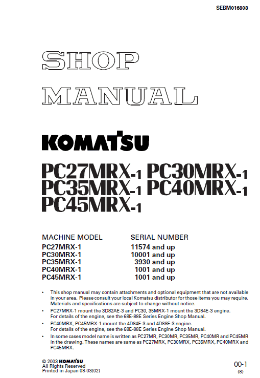 Komatsu PC40MRX-1, PC45MRX-1 Excavator Service Manual Workshop Guide
