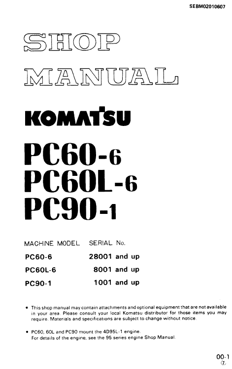 Komatsu PC60-6, PC60L-6, PC90-1 Excavator Service Manual Workshop Guide