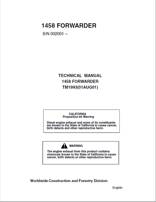 John Deere 1458 Forwarder Repair Technical Manual (TM1993) Workshop Guide