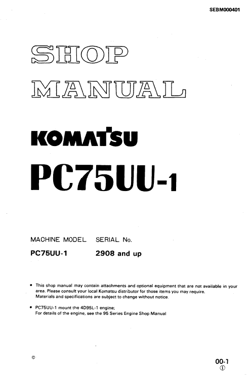 Komatsu PC75UU-1 Excavator Service Manual Workshop Guide