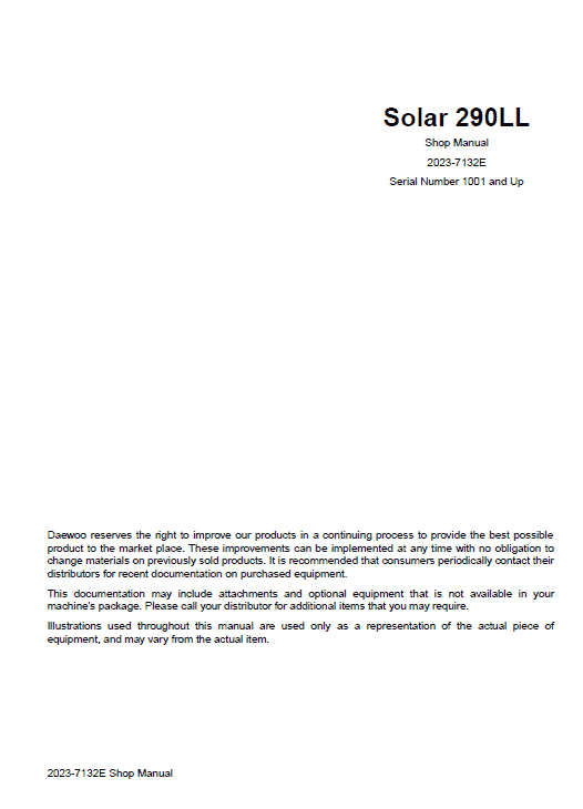 Daewoo Solar S290LL Excavator Service Manual Workshop Guide