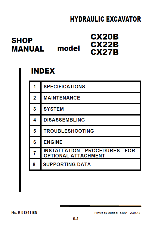 Case CX20B, CX22B Excavator Service Manual Workshop Guide
