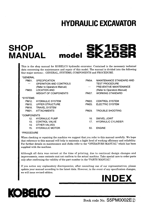 Kobelco SK15SR and SK20SR Excavator Service Manual Workshop Guide