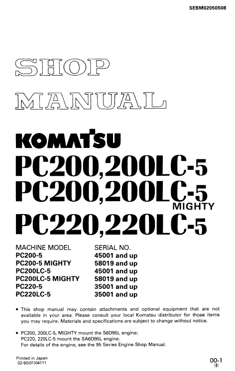 Komatsu PC200-5, PC200LC-5, PC220-5, PC220LC-5 Excavator Manual Workshop Guide