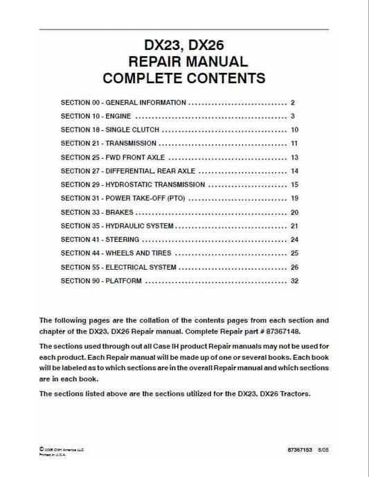 Case DX23, DX26 Tractor Service Manual Workshop Guide