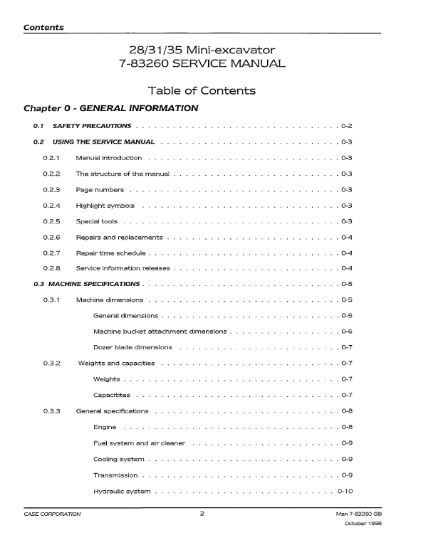 Case 21, 31, 35 Mini-Excavator Service Manual Workshop Guide
