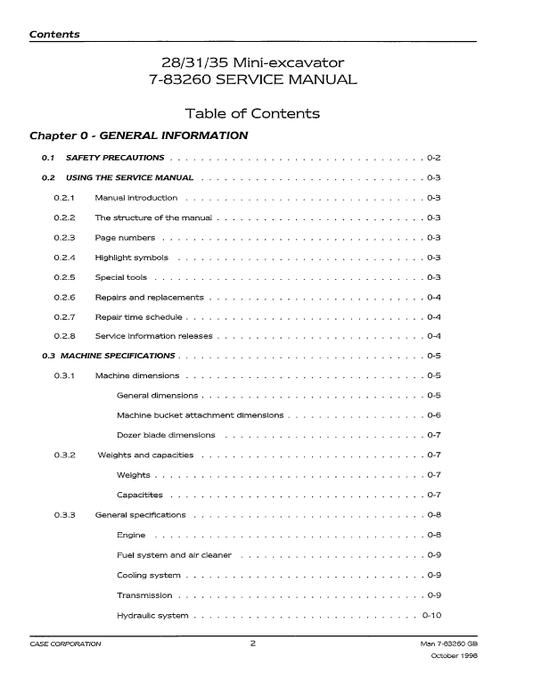 Case 21, 31, 35 Mini-Excavator Service Manual Workshop Guide